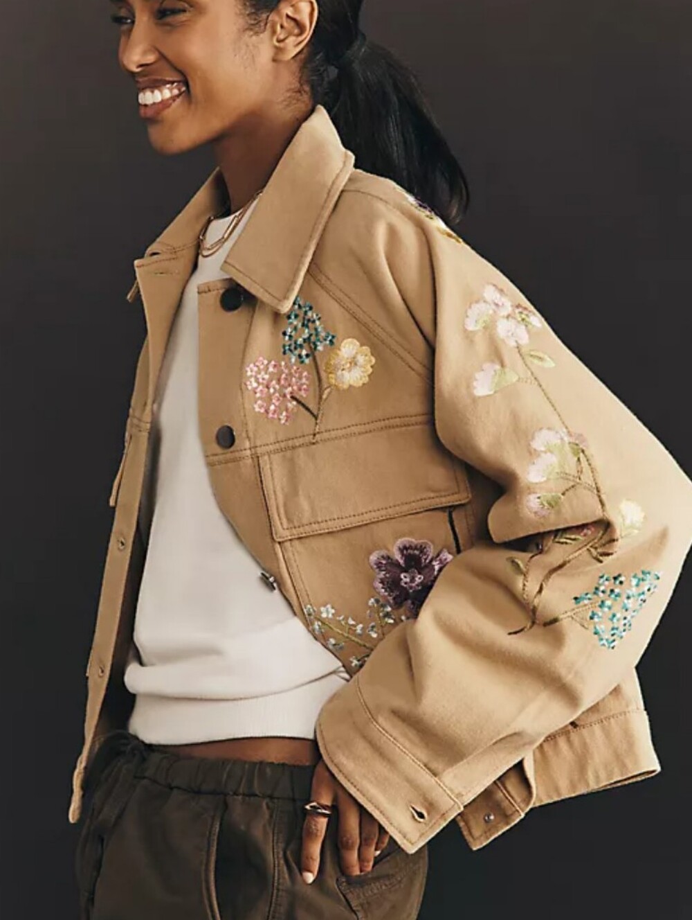 ISO Anthropologie Beige Floral Embroidered Crop Jacket